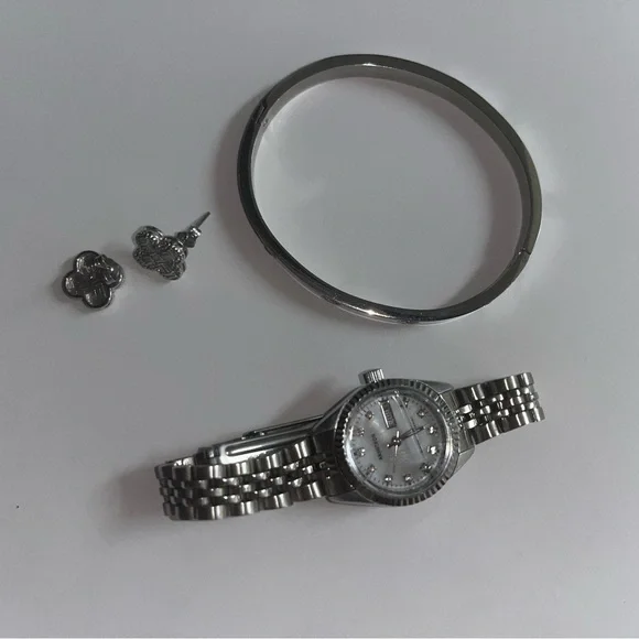 Silver Watch, Bracelet, and Earrings Set - Picture 1 of 3